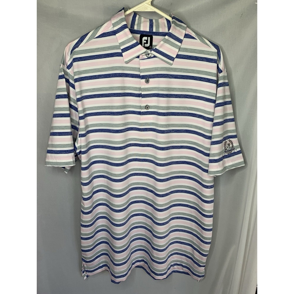 Mens Foot Joy L Pink Grey White Blue Striped Polo Short Sleeve Summer Golf